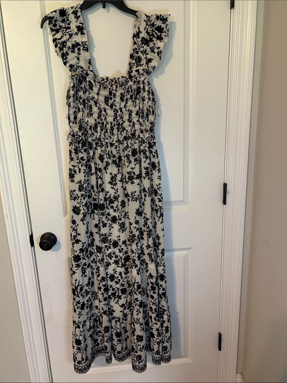Max Studio Black and White Floral Smocked Maxi Dress
